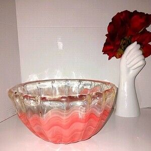 Art Glass Pink Swirl Scalloped Edge Handmade Vintage Bowl